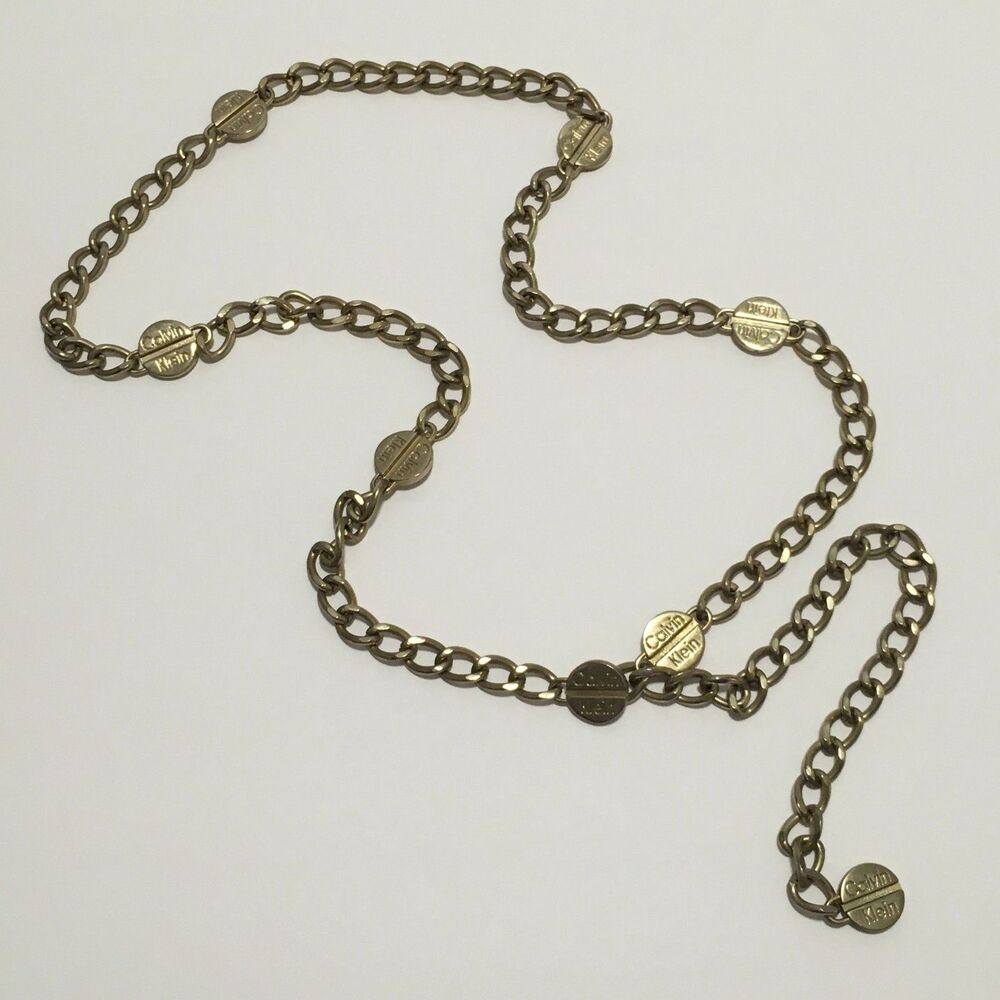 Vintage Calvin Klein Chain Belt Coin Brand Accent Gold Tone Chain Hook Clasp 42"